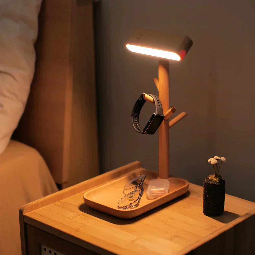 WoodGlow – Dimmbare Holz Tischlampe mit Praktischem Stauraum