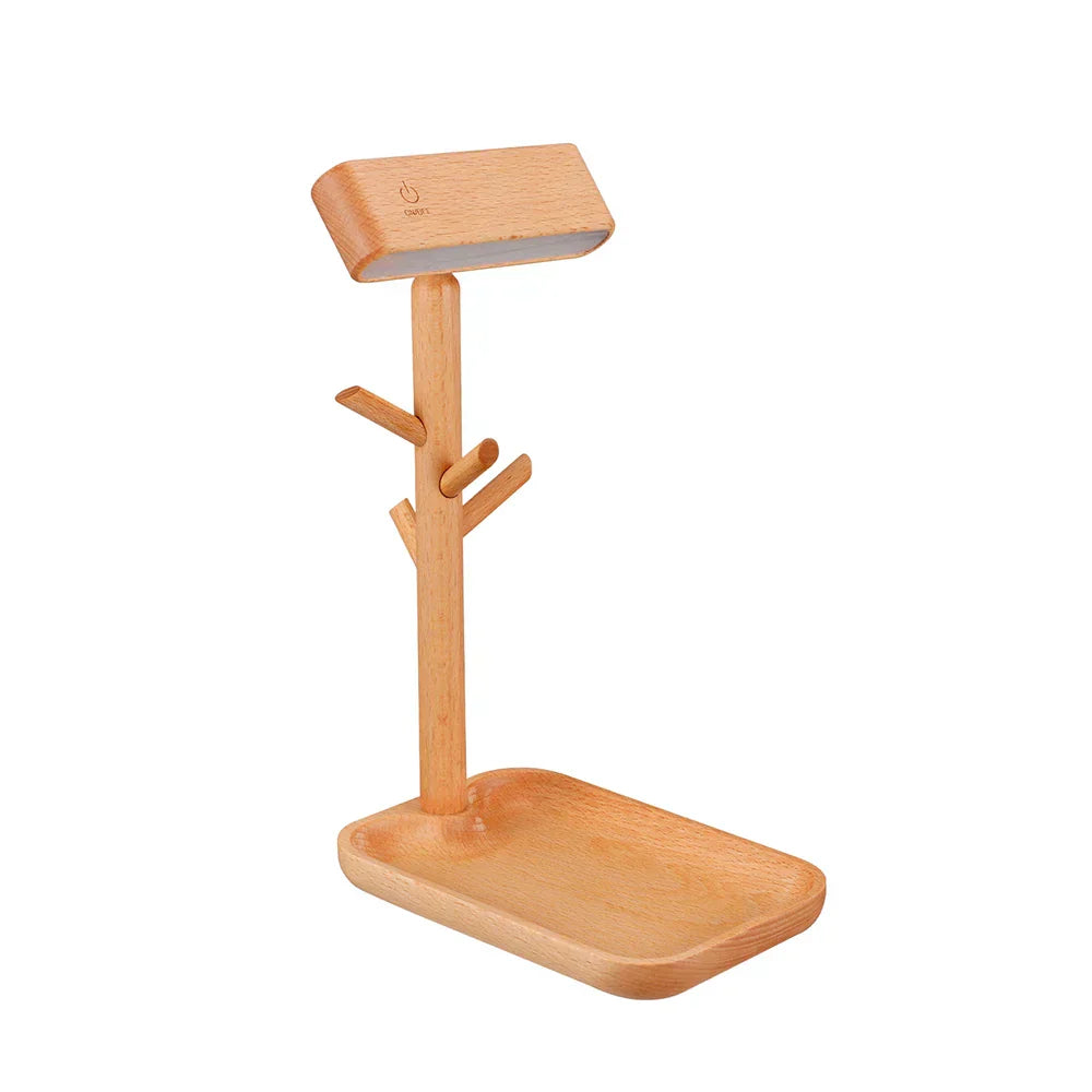 WoodGlow – Dimmbare Holz Tischlampe mit Praktischem Stauraum