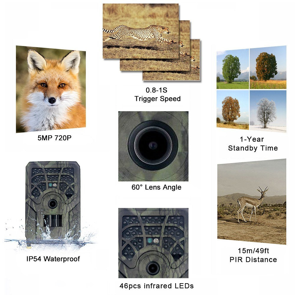 720P 5MP Trail- & Wildkamera - Bewegungsmelder Jagd- & Wildbeobachtung mit 46 LEDs Nachtsicht, IP54 Wasserdicht für den Außeneinsatz