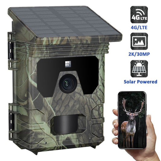 4G Solar Jagdkamera mit 2,0-Zoll-TFT, 2K 30MP, Infrarot, APP Fernbedienung & Online-Video
