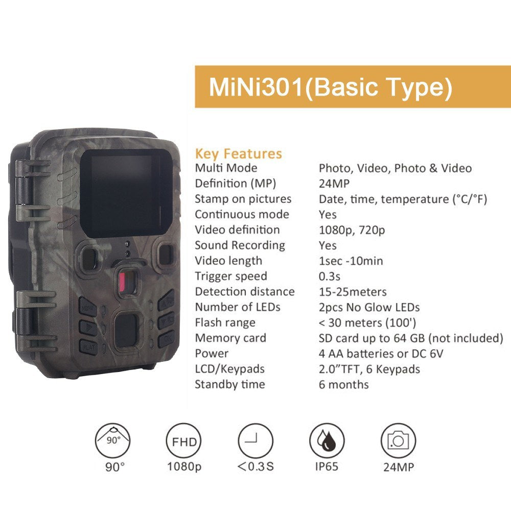 24MP 1080P Mini-Infrarot-Sp trailkamera - Bewegungsaktiviert, Nachtsicht, 0,3S Auslöser, Wasserdichtes Jagen