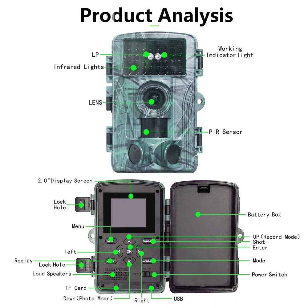 2.7K 60MP wasserdichte Nachtsicht-Spionagekamera mit 2-Zoll-Bildschirm zur Wildtierüberwachung
