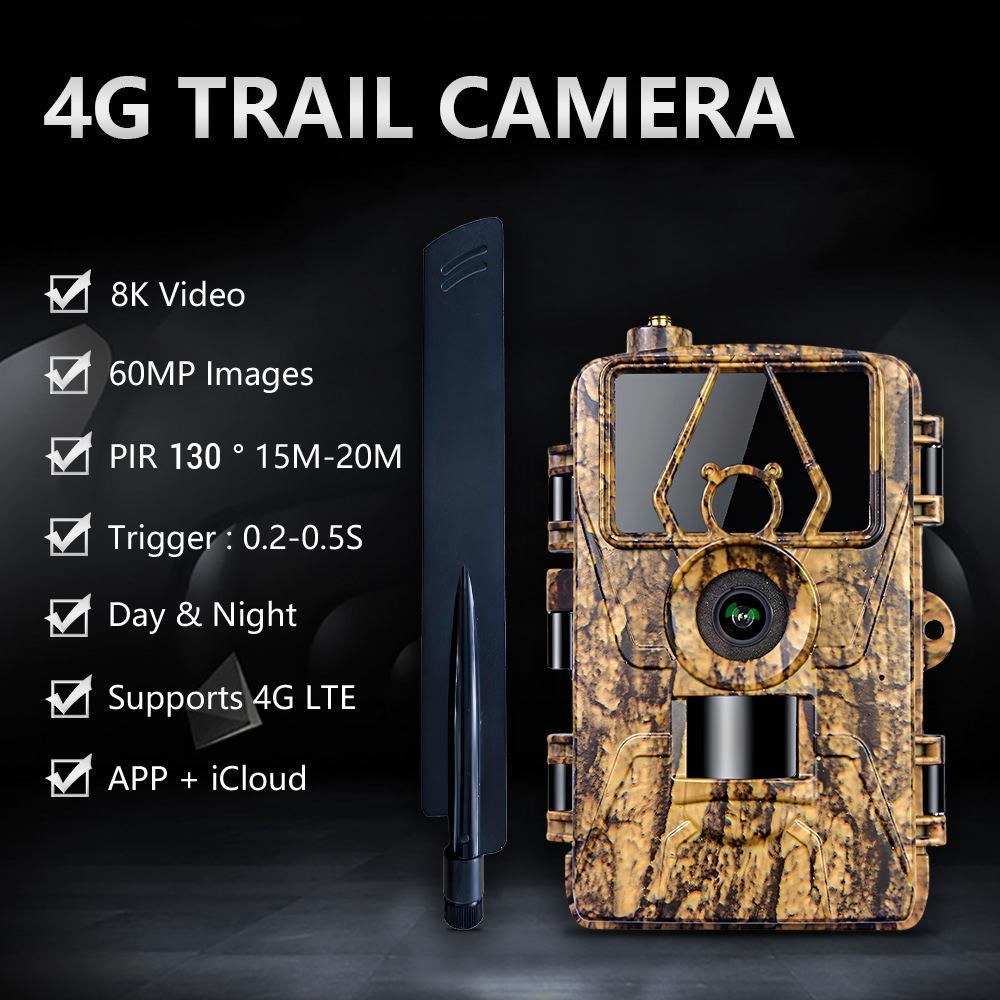 8K Trail Cam 60MP Fotos | Nachtsicht Bewegungsmelder | Wasserfeste Wildkamera für Jagd & Haussicherheit | 4G EU-Version mit SIM & Antenne