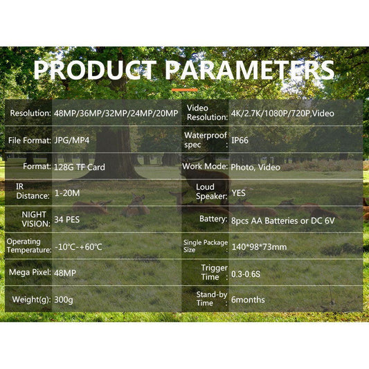 4K 48MP Jagdkamera mit 2.0 LCD, 46 LED Infrarot Nachtsicht, 0.3-0.6s Auslöser, 120° PIR Sensor