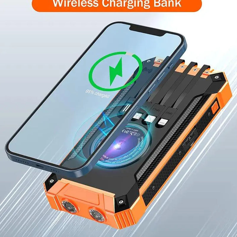 Frendorf | ChargePro Solar Powerbank | Kabelloses Ladegerät | 15W Schnellladefunktion | 6 Ausgänge | Integrierte Kabel | Tragbar & Wasserdicht