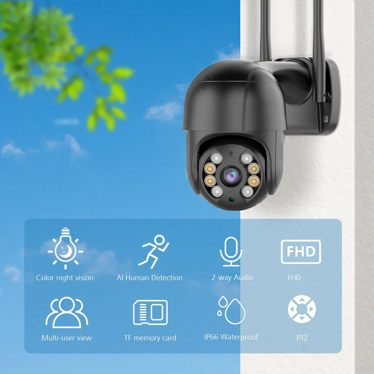 1080P WiFi PTZ Sicherheitskamera: Nachtsicht, Zwei-Wege-Intercom, Fernüberwachung, KI-Alarm, IP66 wasserdicht