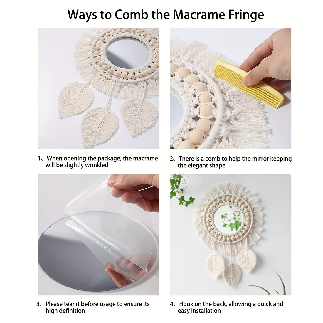 Frendorf | Boho Makramee Wandspiegel mit Fransen – Dekorativer Spiegel mit Perlen und Federn
