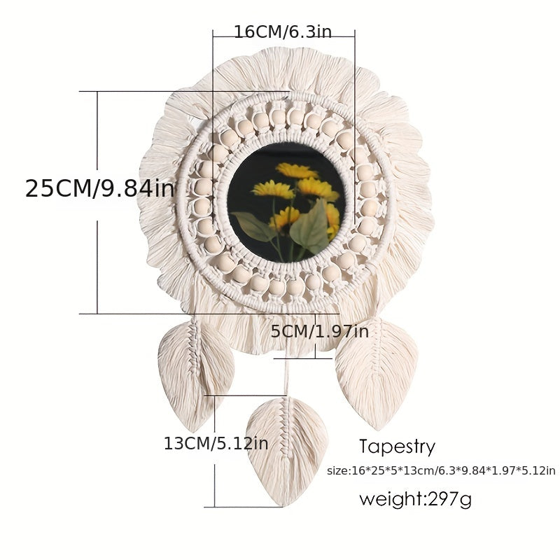 Frendorf | Boho Makramee Wandspiegel mit Fransen – Dekorativer Spiegel mit Perlen und Federn