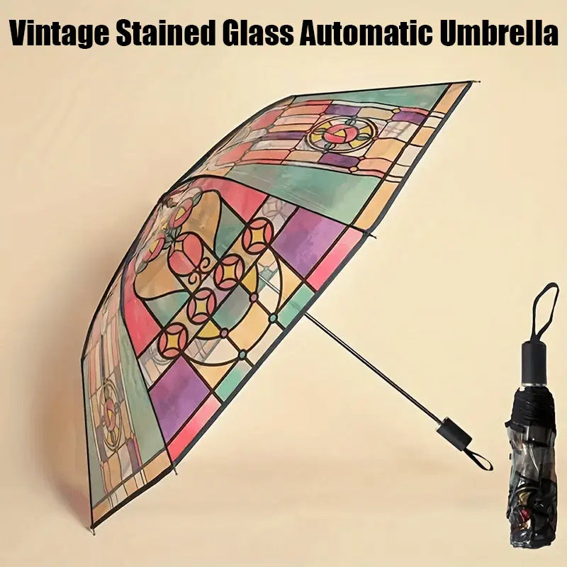 Frendorf | Buntglas-Kunst-Regenschirm — Automatischer Windschutz und Regenschutz