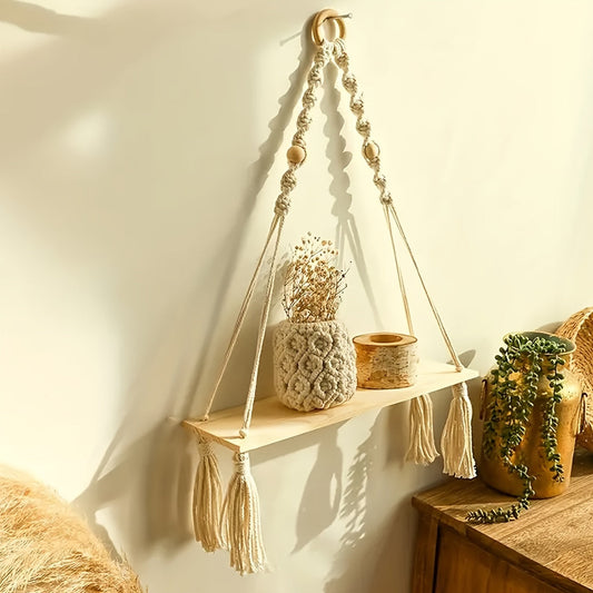 Frendorf | Boho Makramee Wandregal – Handgefertigtes Holzregal mit Seil-Design für ein gemütliches Interieur