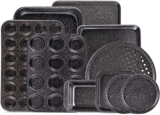 Frendorf | 10-Teiliges Antihaft-Backset mit Backform, Keksblech-Set, Kuchen-/Muffinform und Pizzapfanne, 10-teilige Backgeschirr-Sets (keramisch beschichtet Schwarz)
