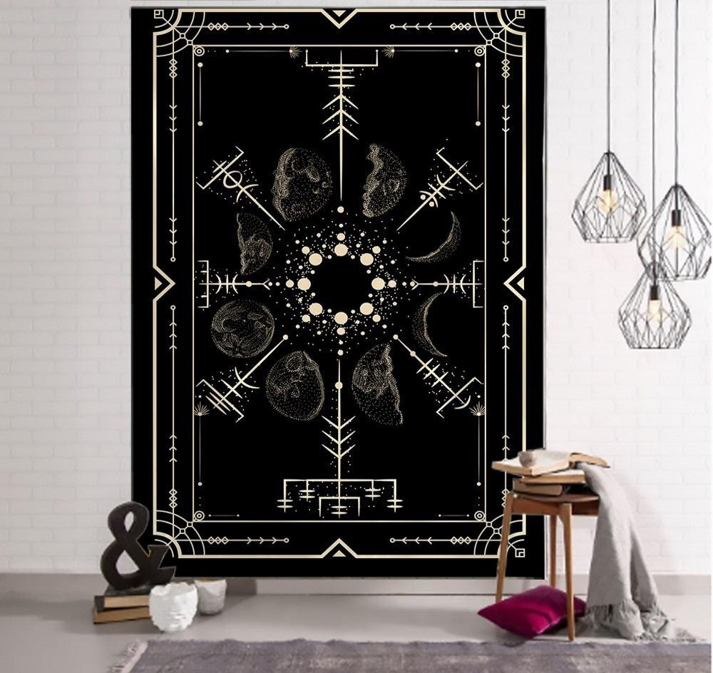 Verzauberung Tarot Wandteppich Kunst - Schwarze und Khaki Sonne, Mond, Stern Universum Geometrisches Design für Wohnheim und Wohnkultur