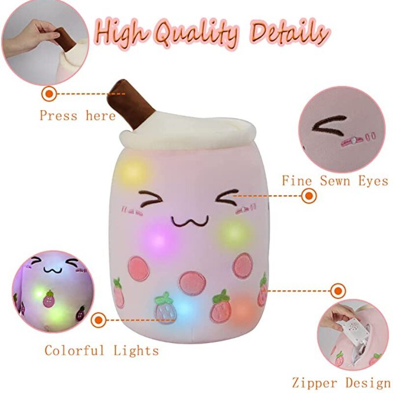 AIXINI Leuchtendes Boba Bubble Tea Plüschkissen - Stofftier mit LED farbigen Nachtslichtern und super weichem Material