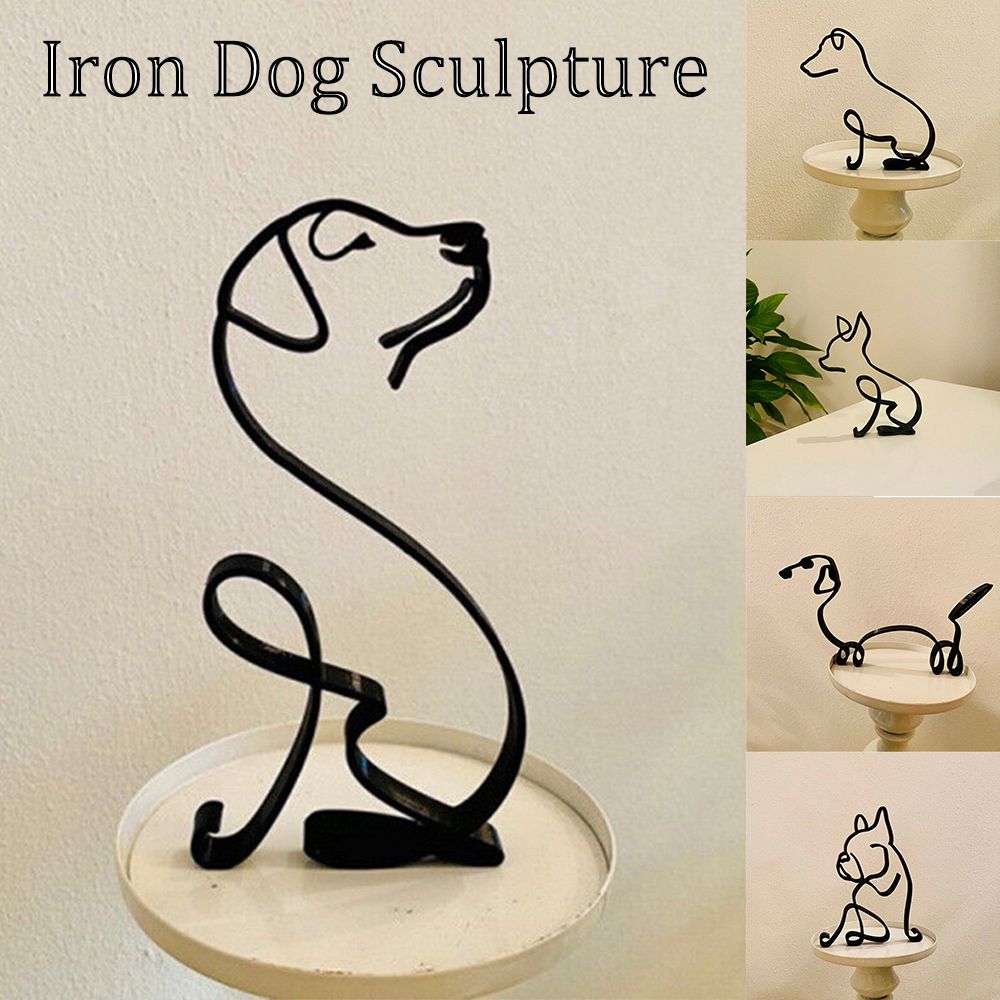 Tier Kunst Eisen Skulptur Retro Metall schwarze Linien Katze Hund Schreibtisch Ornament