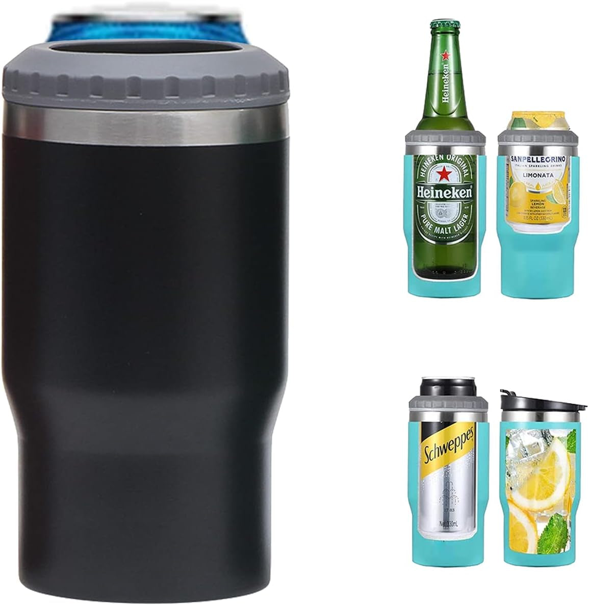 Frendorf | 4 in 1 Edelstahl Dose-/Flaschenisolator, 14Oz Zwei-Wege-Deckel SUS Isolierte Dose Kühler, Bierflaschenhalter (Schwarz)