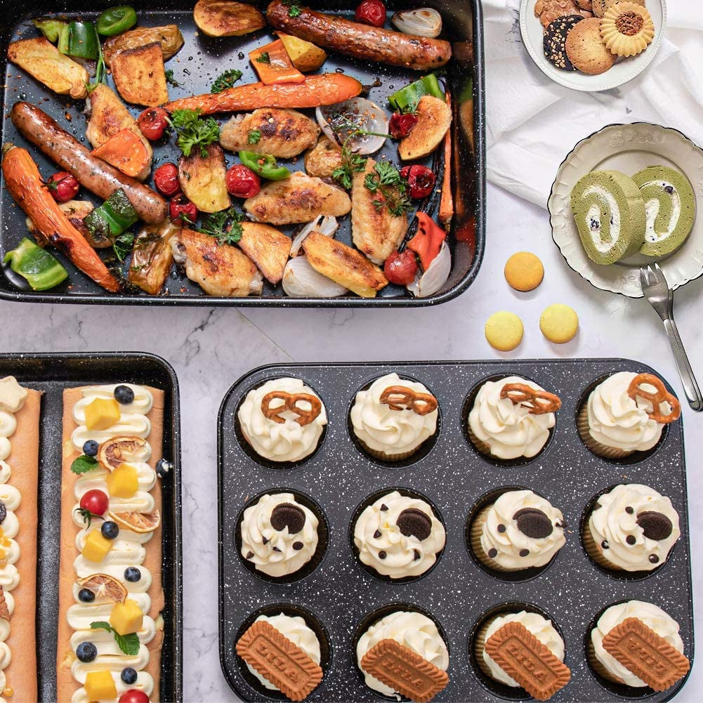 Frendorf | 10-Teiliges Antihaft-Backset mit Backform, Keksblech-Set, Kuchen-/Muffinform und Pizzapfanne, 10-teilige Backgeschirr-Sets (keramisch beschichtet Schwarz)
