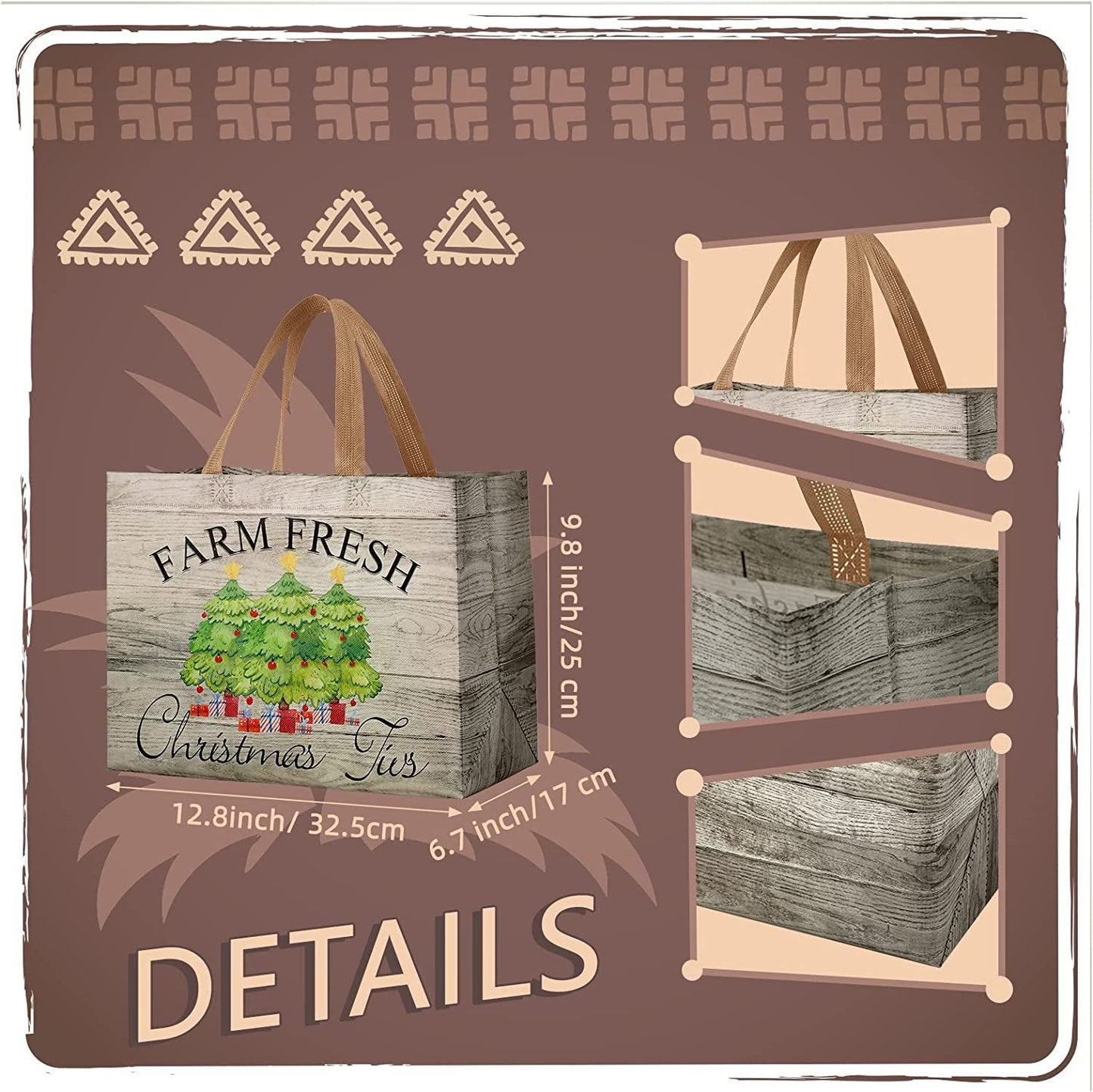 Frendorf | 12 Stück Rustikale Weihnachts Tragetaschen mit Griffen, Wiederverwendbare Geschenktaschen Einkaufstaschen für Weihnachten Wintergeschenke Feiertagsverpackungsbeutel Partybedarf, 32.5 X 24.9 X 17.0 cm