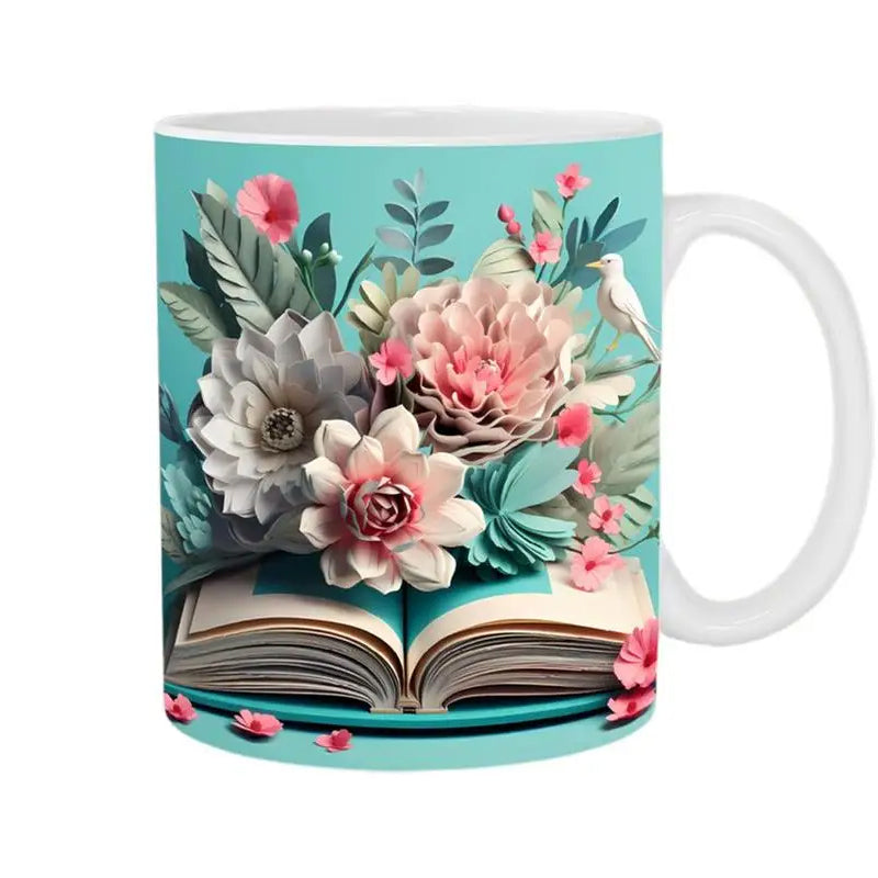 Frendorf | 3D Künstlerisch Schöne Florale Bücher Kaffeetasse - Geschenk für Bücherliebhaber