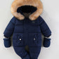 Frendorf Baby Schnee-Overall | Gefütterter Winteranzug mit Kunstfell-Kapuze und integrierten Fäustlingen