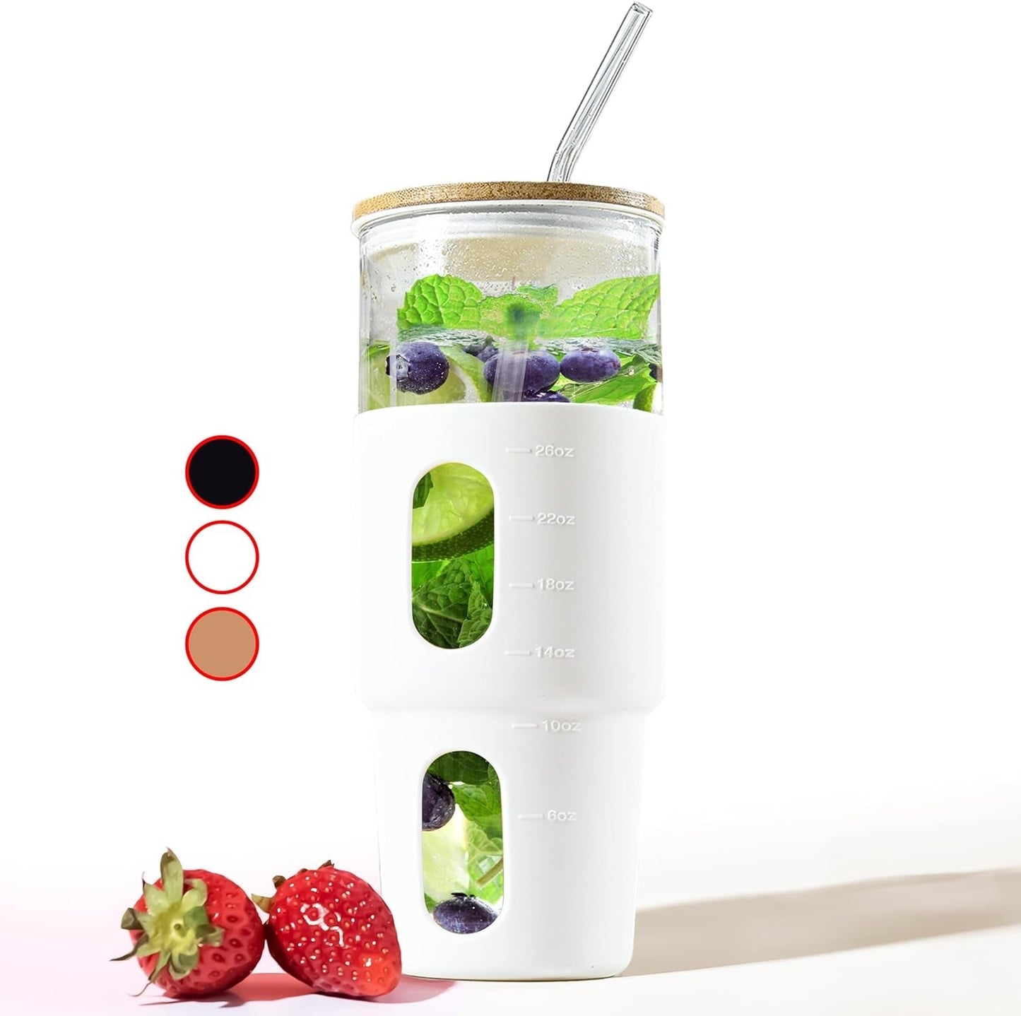Frendorf | 32Oz Trinkglas Tumbler mit Bambusdeckel und Strohhalm - Silikonhülle - Passt in den Getränkehalter im Auto - Wiederverwendbarer Boba-Smoothie-Becher, auslaufsichere Reisewasserflasche, Iced Coffee Tumbler, BPA-frei - Amber.