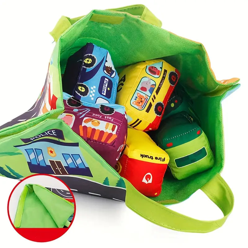 Frendorf | 2in1 Sensorische Plüsch Spielzeug Autos mit Straßenmatte und Tasche für Unterwegs