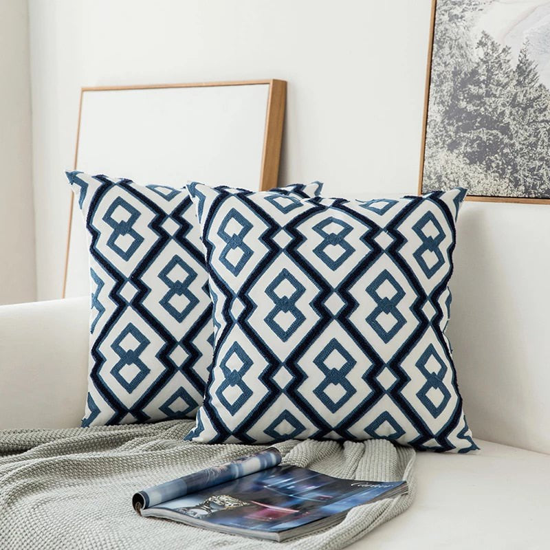 Blaue bestickte Ornamente Kissenbezug