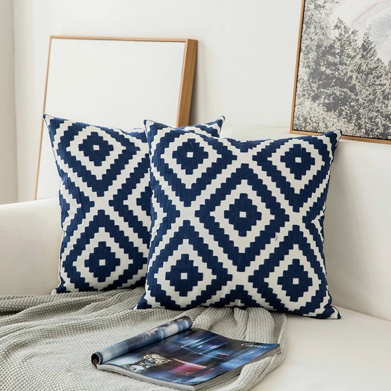 Blaue bestickte Ornamente Kissenbezug
