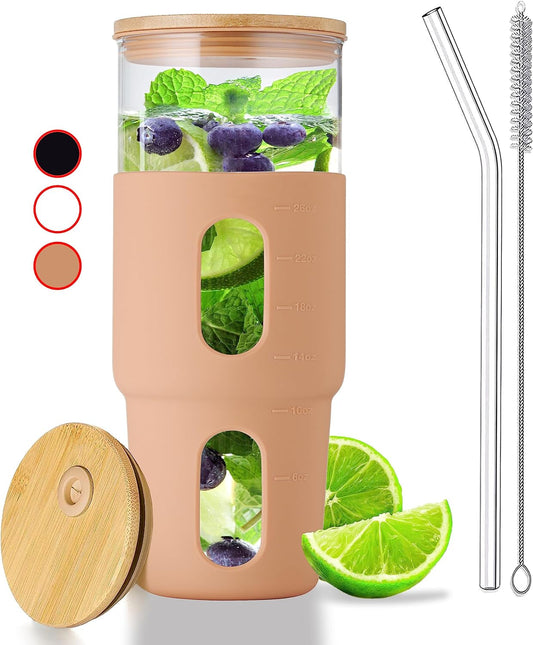 Frendorf | 32Oz Trinkglas Tumbler mit Bambusdeckel und Strohhalm - Silikonhülle - Passt in den Getränkehalter im Auto - Wiederverwendbarer Boba-Smoothie-Becher, auslaufsichere Reisewasserflasche, Iced Coffee Tumbler, BPA-frei - Amber.