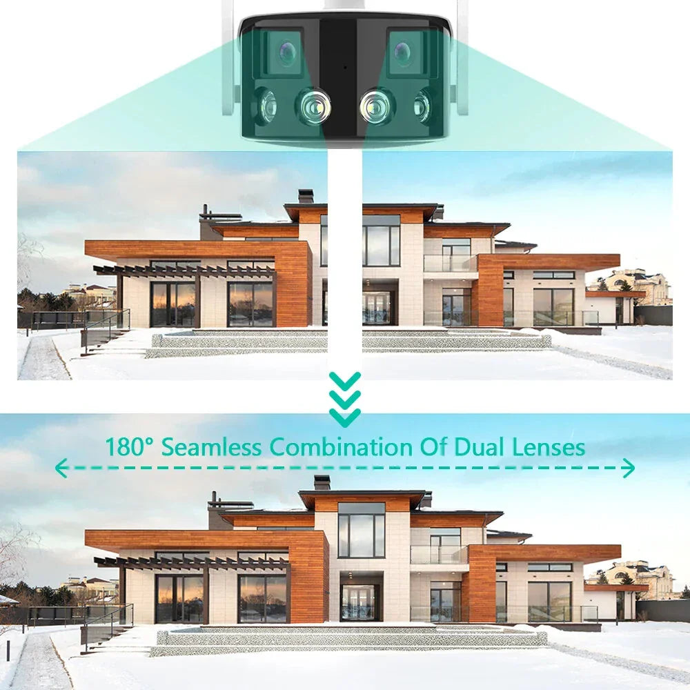 Frendorf | 2K 4MP Dual-Lens Panorama WiFi Kamera 180° Weitwinkel KI-Erkennung Nachtsicht Gegensprechsystem Wetterfest IP Kamera EU-Stecker