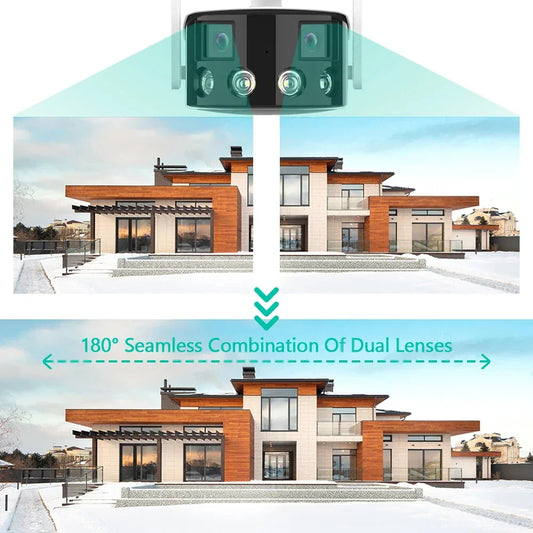 Frendorf | 2K 4MP Dual-Lens Panorama WiFi Kamera 180° Weitwinkel KI-Erkennung Nachtsicht Gegensprechsystem Wetterfest IP Kamera EU-Stecker