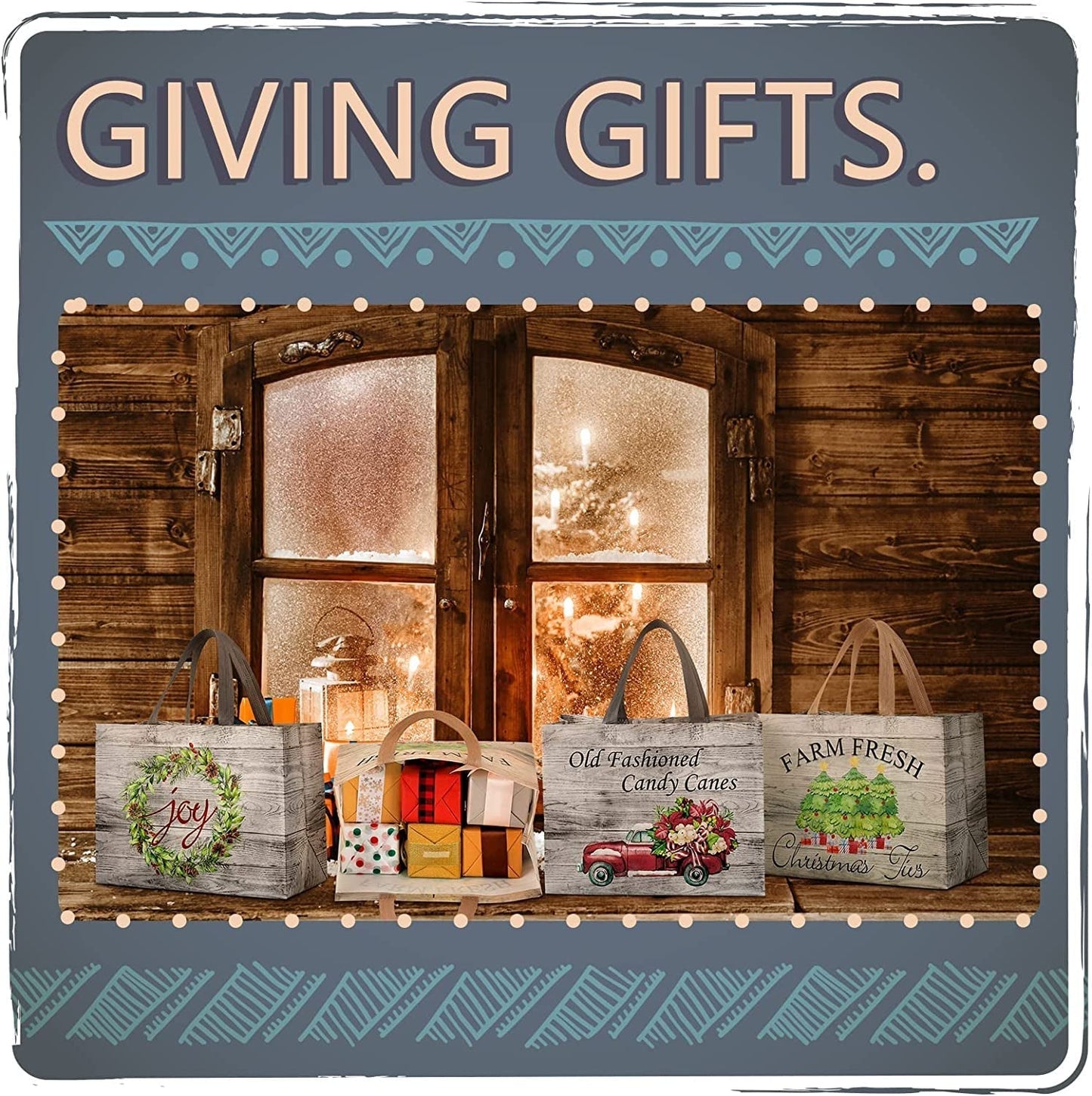 Frendorf | 12 Stück Rustikale Weihnachts Tragetaschen mit Griffen, Wiederverwendbare Geschenktaschen Einkaufstaschen für Weihnachten Wintergeschenke Feiertagsverpackungsbeutel Partybedarf, 32.5 X 24.9 X 17.0 cm