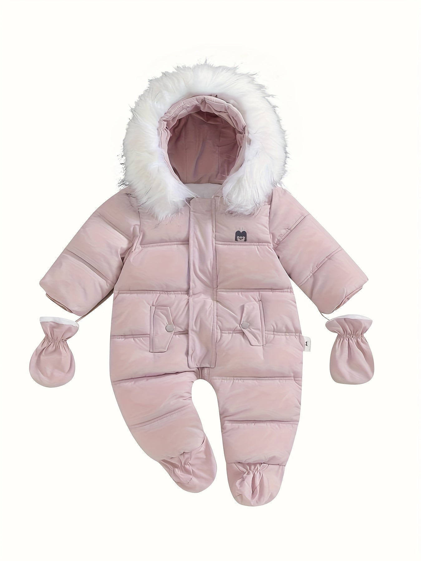 Frendorf Baby Schnee-Overall | Gefütterter Winteranzug mit Kunstfell-Kapuze und integrierten Fäustlingen