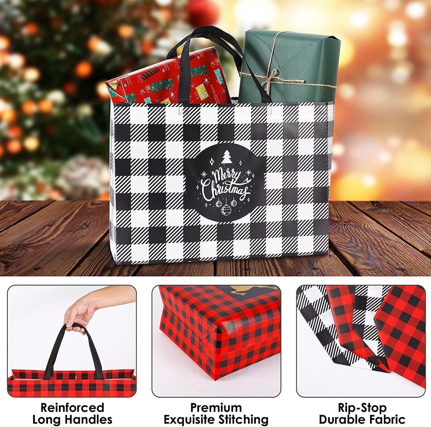Frendorf | 8er-Pack Extra Große Weihnachtsgeschenktüten, Wiederverwendbare Tragetaschen mit Griff, Nicht-Gewebte Weihnachts-Einkaufsbeutel für die Feiertage, 16,9*12,6*6,8"