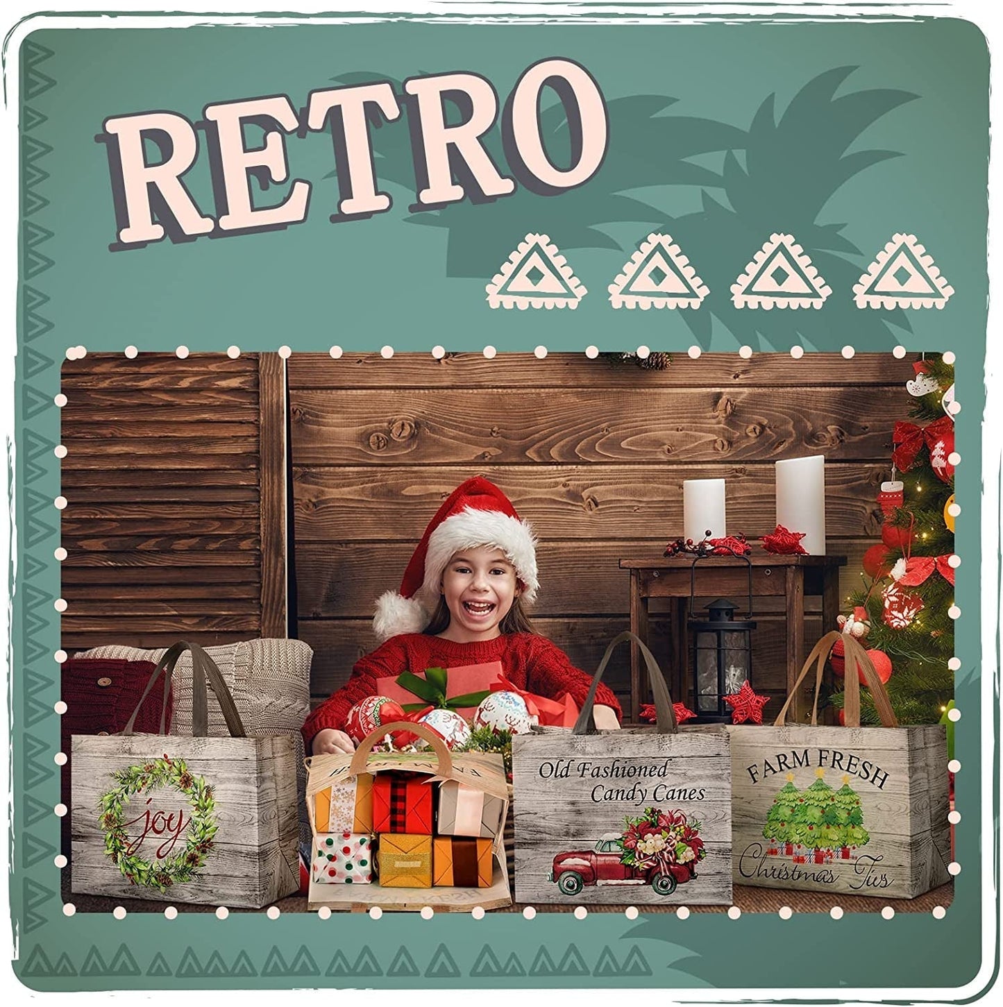 Frendorf | 12 Stück Rustikale Weihnachts Tragetaschen mit Griffen, Wiederverwendbare Geschenktaschen Einkaufstaschen für Weihnachten Wintergeschenke Feiertagsverpackungsbeutel Partybedarf, 32.5 X 24.9 X 17.0 cm