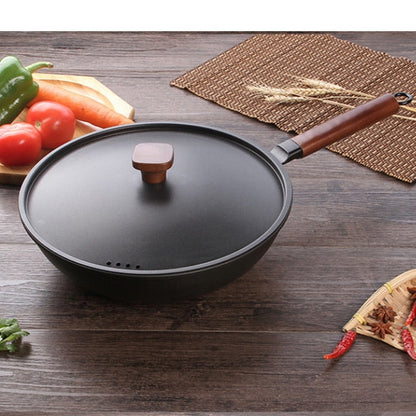Frendorf | Gusseisen Wok Antihaft Induktionsgrillpfanne Buchenholzgriff mit Deckel