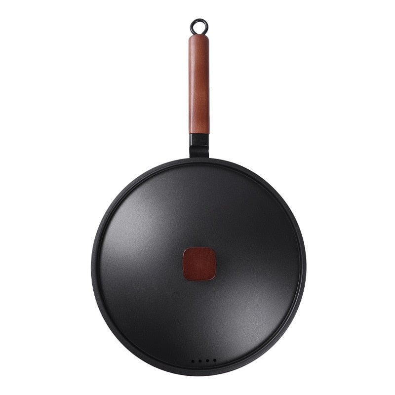 Frendorf | Gusseisen Wok Antihaft Induktionsgrillpfanne Buchenholzgriff mit Deckel