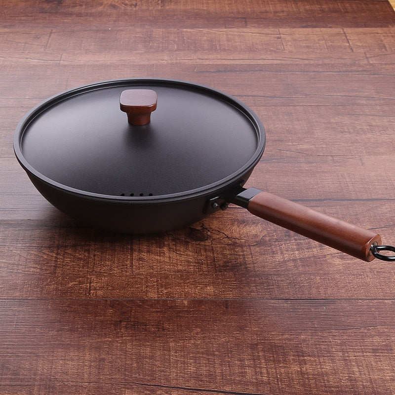 Frendorf | Gusseisen Wok Antihaft Induktionsgrillpfanne Buchenholzgriff mit Deckel