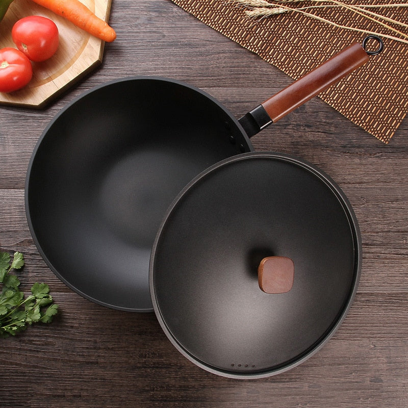 Frendorf | Gusseisen Wok Antihaft Induktionsgrillpfanne Buchenholzgriff mit Deckel