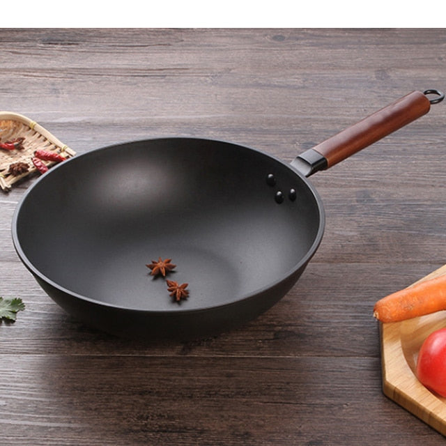 Frendorf | Gusseisen Wok Antihaft Induktionsgrillpfanne Buchenholzgriff mit Deckel
