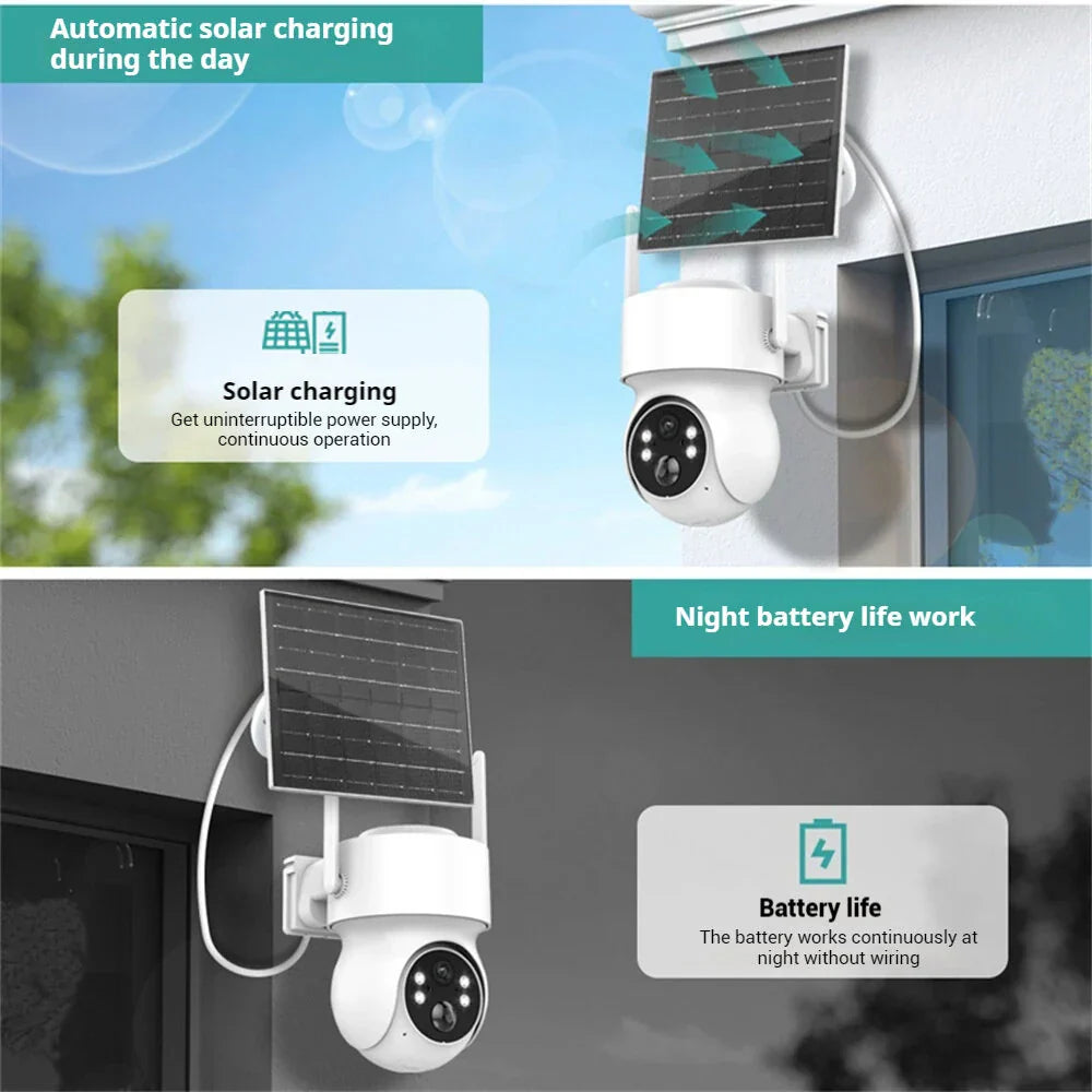 4MP Solar WiFi IP-Kamera, 320° Schwenk/90° Neigung, PIR-Bewegungserkennung, Zwei-Wege-Audio, Nachtsicht, IP66 wasserdicht, Außenüberwachung