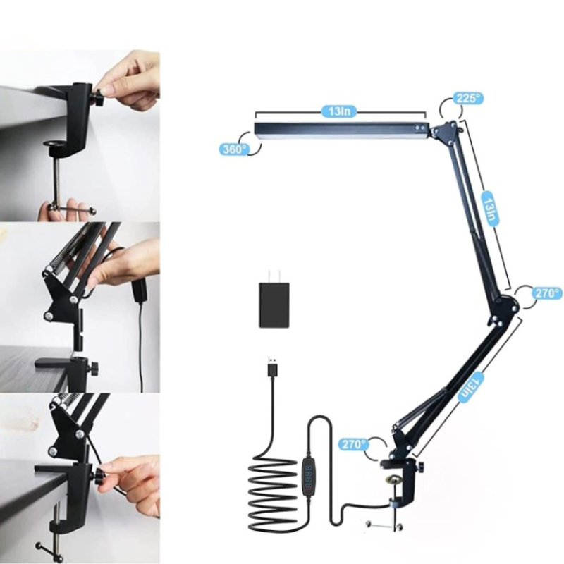 LED Schreibtischlampe, Verstellbare augenschonende Schreibtischleuchte mit Klemme, Schwenkarmlampe Enthält 3 Farbmodi, 10 Helligkeitsstufen Tischlampen mit Speicherfunktion, Schreibtischlampe für Zuhause