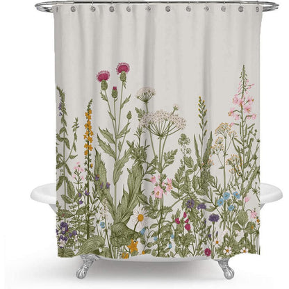 Bunter Floralprint Polyester Duschvorhang mit nordischem grünen Blattdesign