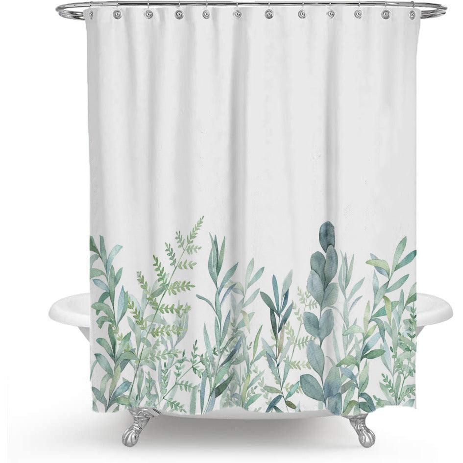 Bunter Floralprint Polyester Duschvorhang mit nordischem grünen Blattdesign