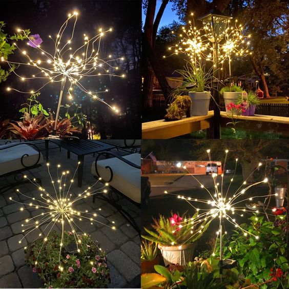 4 Stück Solar Feuerwerk Gartenlampen - Wetterfeste LED Dekorationsbeleuchtung, Solarenergie für Garten und Patio