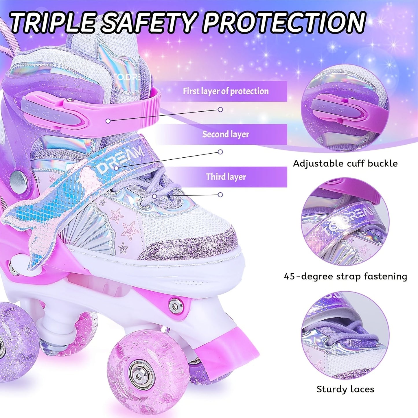 Frendorf | Verstellbare Rollschuhe für Kinder – Glitzernder Sternen Muster mit Licht Rädern