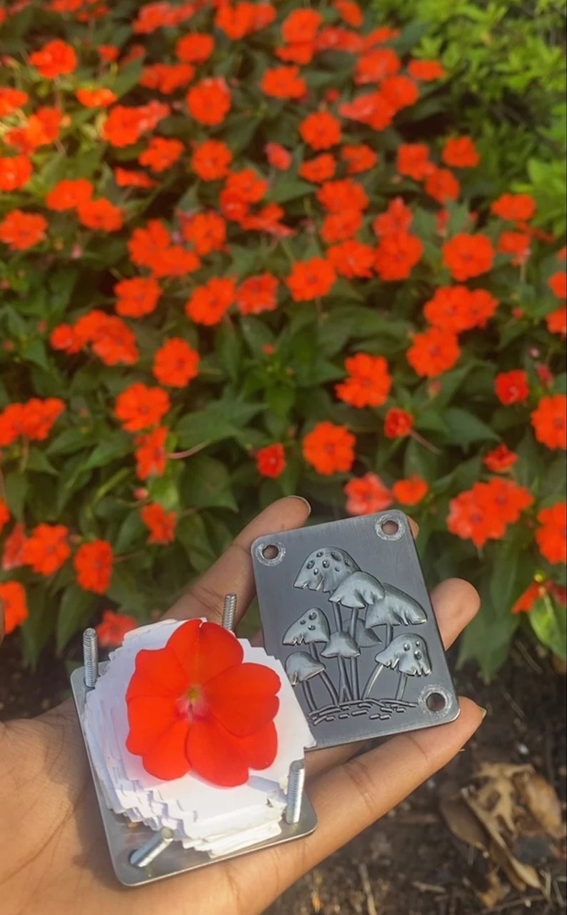 Frendorf | Mikro-Blumenpresse | Handgefertigt aus Silber & Messing | Inkl. 10 Blätter Herbarium-Papier