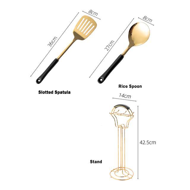 Goldene Küchenutensilien mit Ständer