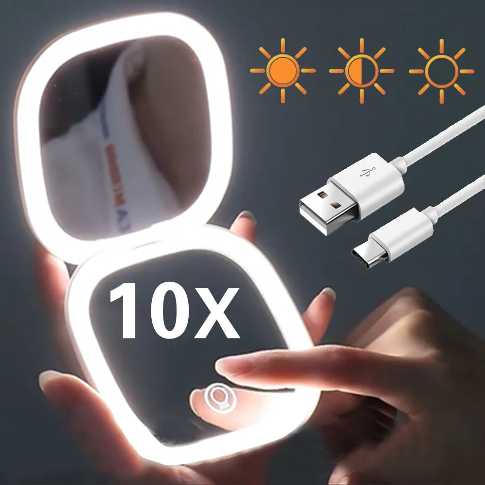 Frendorf | Mini LED 10x Vergrößerung Kosmetikspiegel mit verschiedenen Lichteinstellungen, USB aufladbar