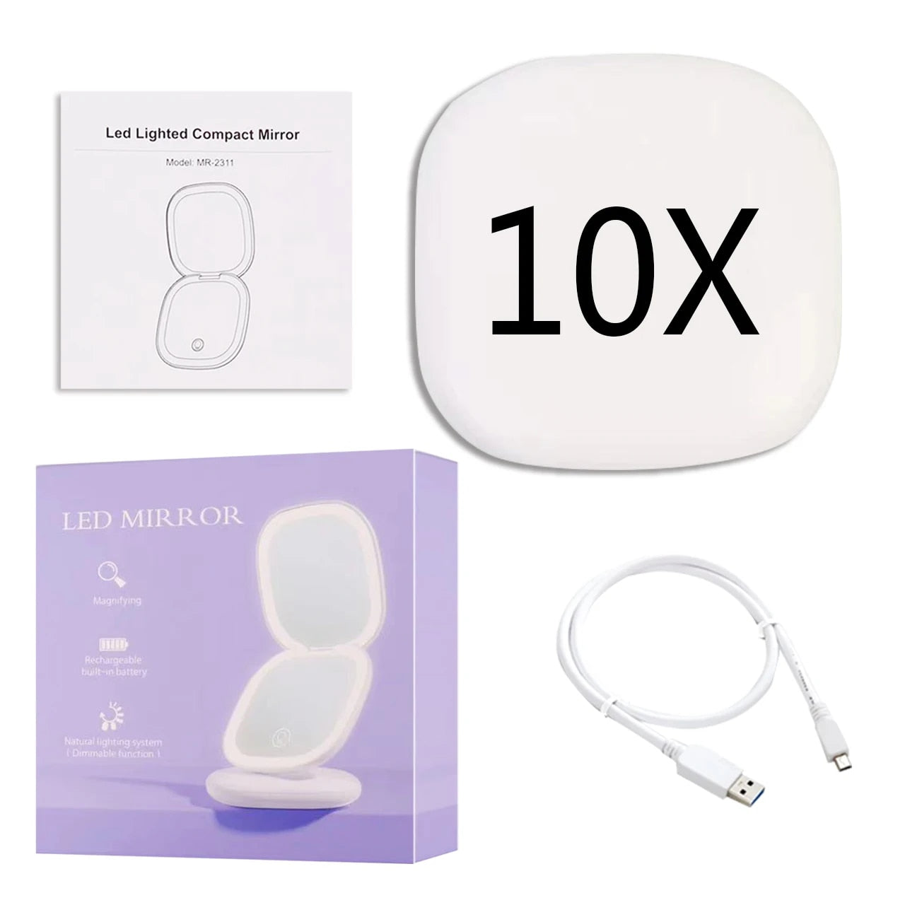 Frendorf | Mini LED 10x Vergrößerung Kosmetikspiegel mit verschiedenen Lichteinstellungen, USB aufladbar