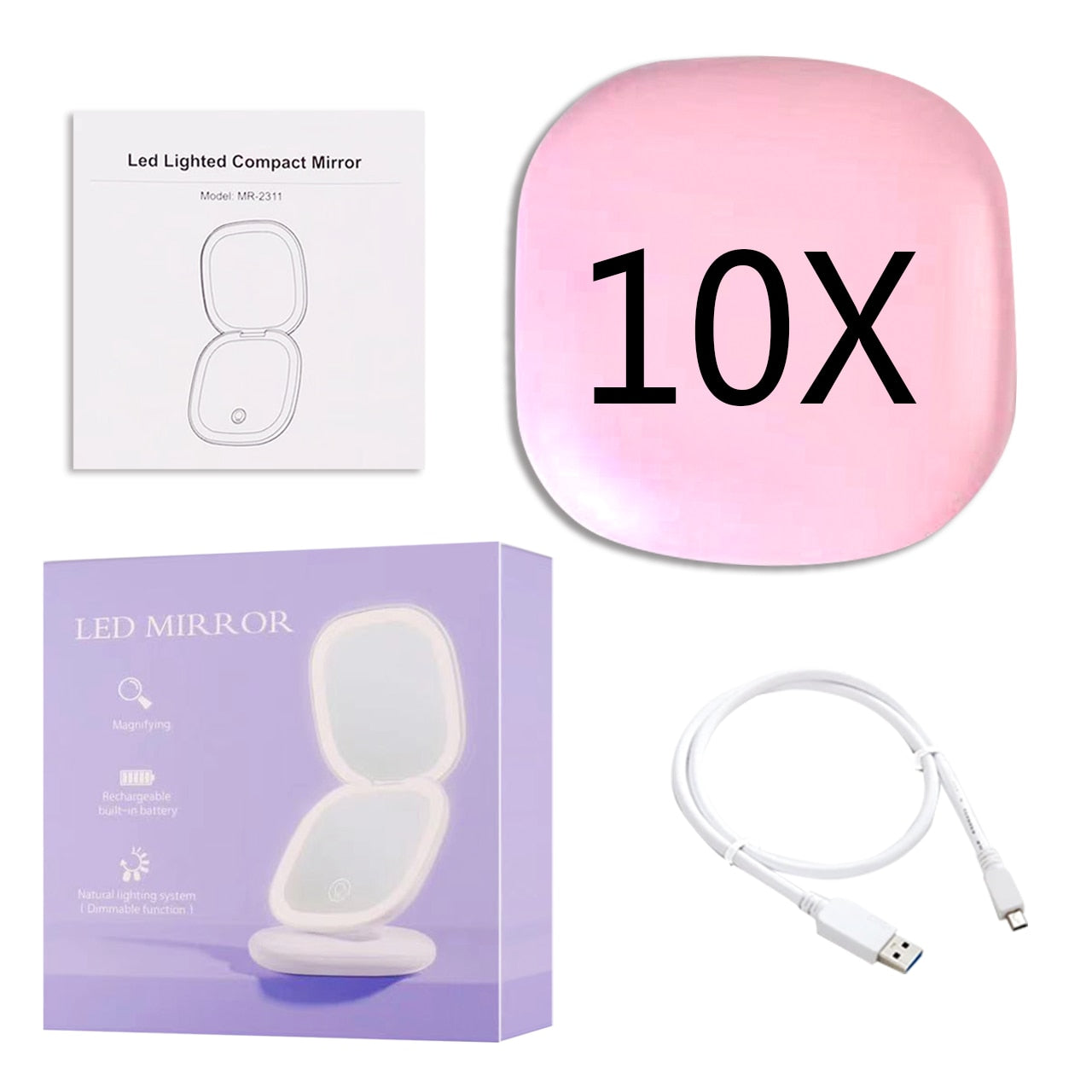 Frendorf | Mini LED 10x Vergrößerung Kosmetikspiegel mit verschiedenen Lichteinstellungen, USB aufladbar